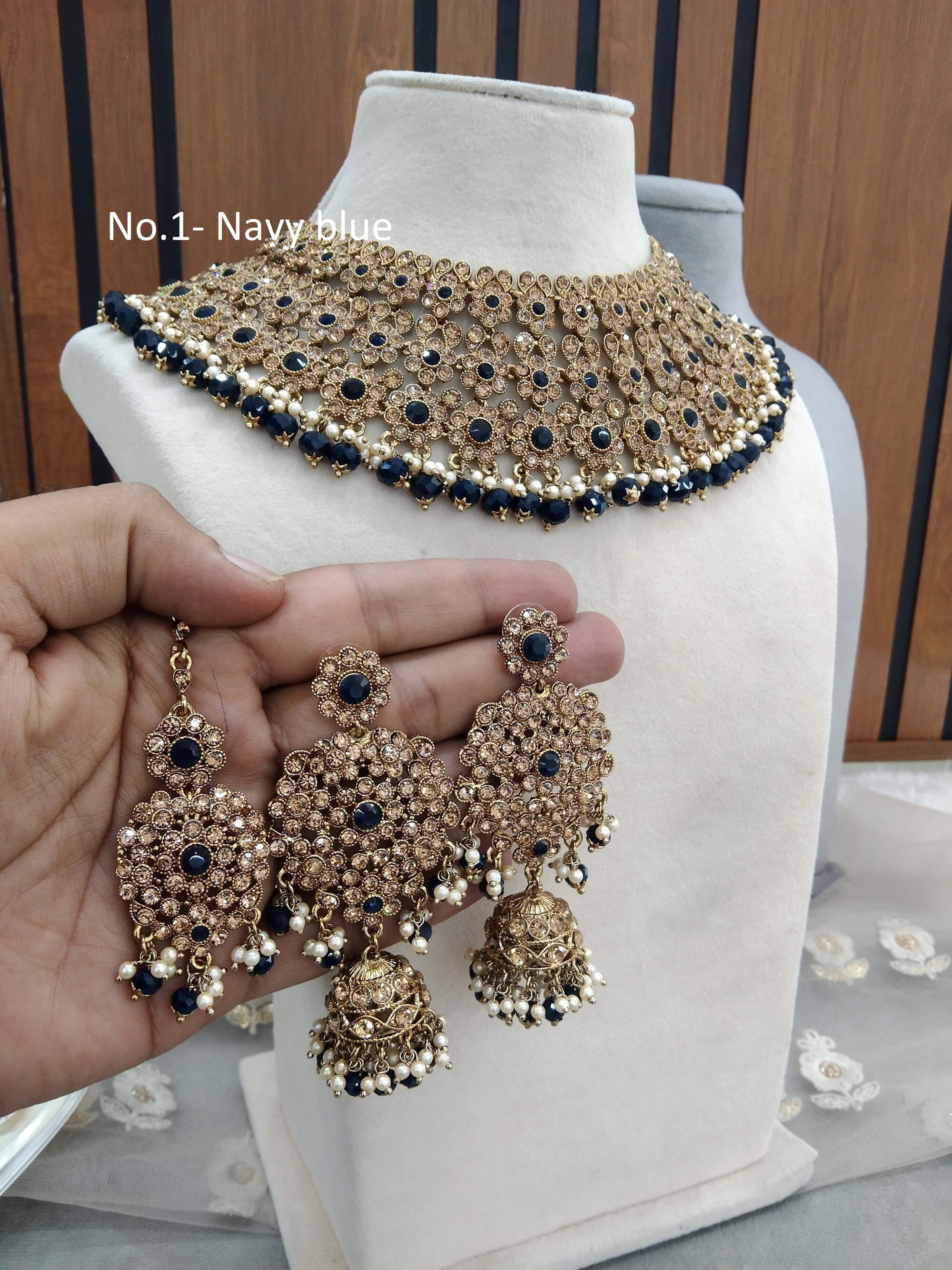 Semi Bridal Indian Jewelry Set: Gold Necklace, Earrings & Tikka