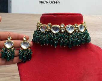 Green Kundan Choker Set, Gold Plated Indian Bridal Jewelry