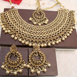 Conjunto de colares, joias indianas, joias para noivas, colar de ouro escuro, brincos, conjunto tikka tika/conjunto de colares bollywood/conjunto de colares indianos