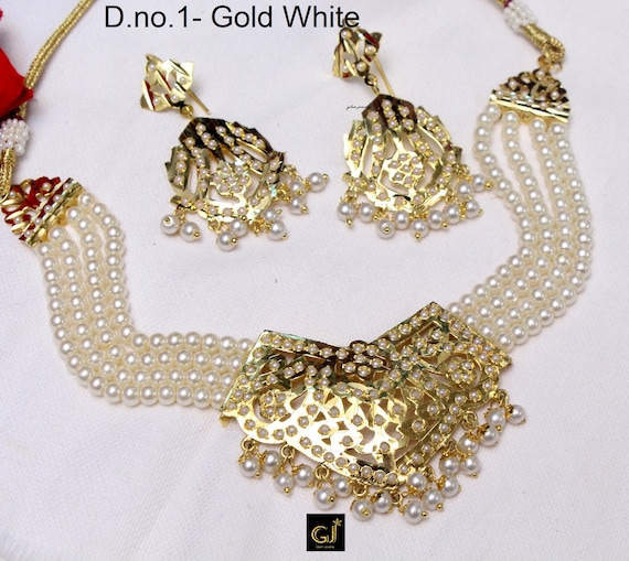 Jadau Pearl Choker Gold White,Navrattan Necklace SetIndian Pipal Patti Necklace Set Punjabi Indian JewelleryMuslim Necklace Set