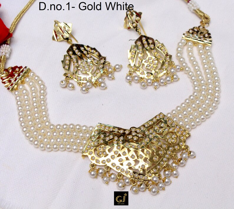 Jadau Pearl Choker Gold White,Navrattan Necklace SetIndian Pipal Patti Necklace Set Punjabi Indian JewelleryMuslim Necklace Set