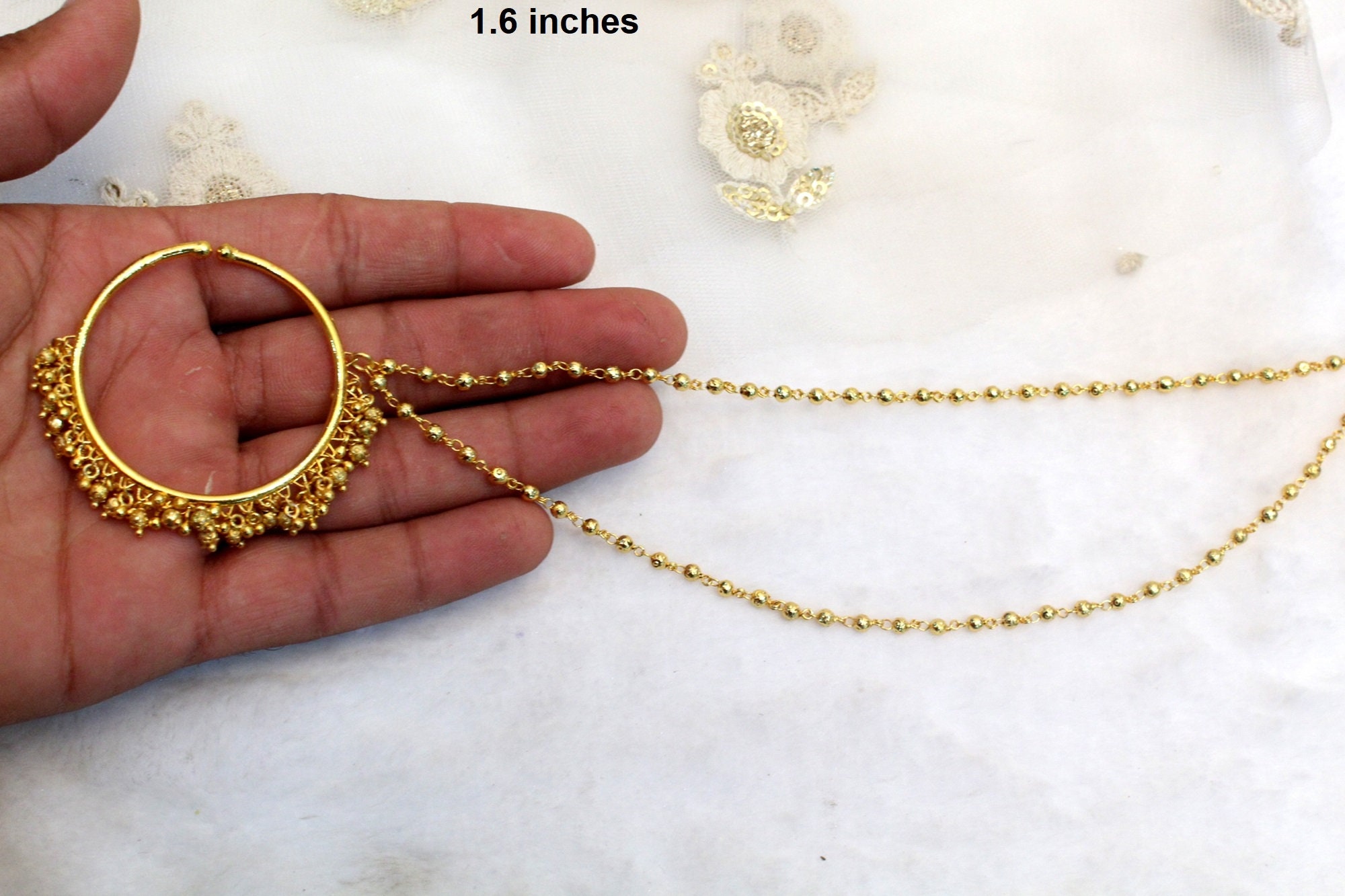 Nose Ring Chain Gold Nath Indian Plat Hoop Chain For non pierced Nose Bridal Indian Boho Jewelry Nose Accessory Nathini Bollywood Nose Ring