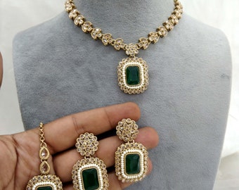 Antique Gold Indian Necklace Set: Rhinestone, Crystal Jewelry rishi set