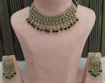Choker Necklace Set, Antique Gold Plated Indian Anjali Jewelry