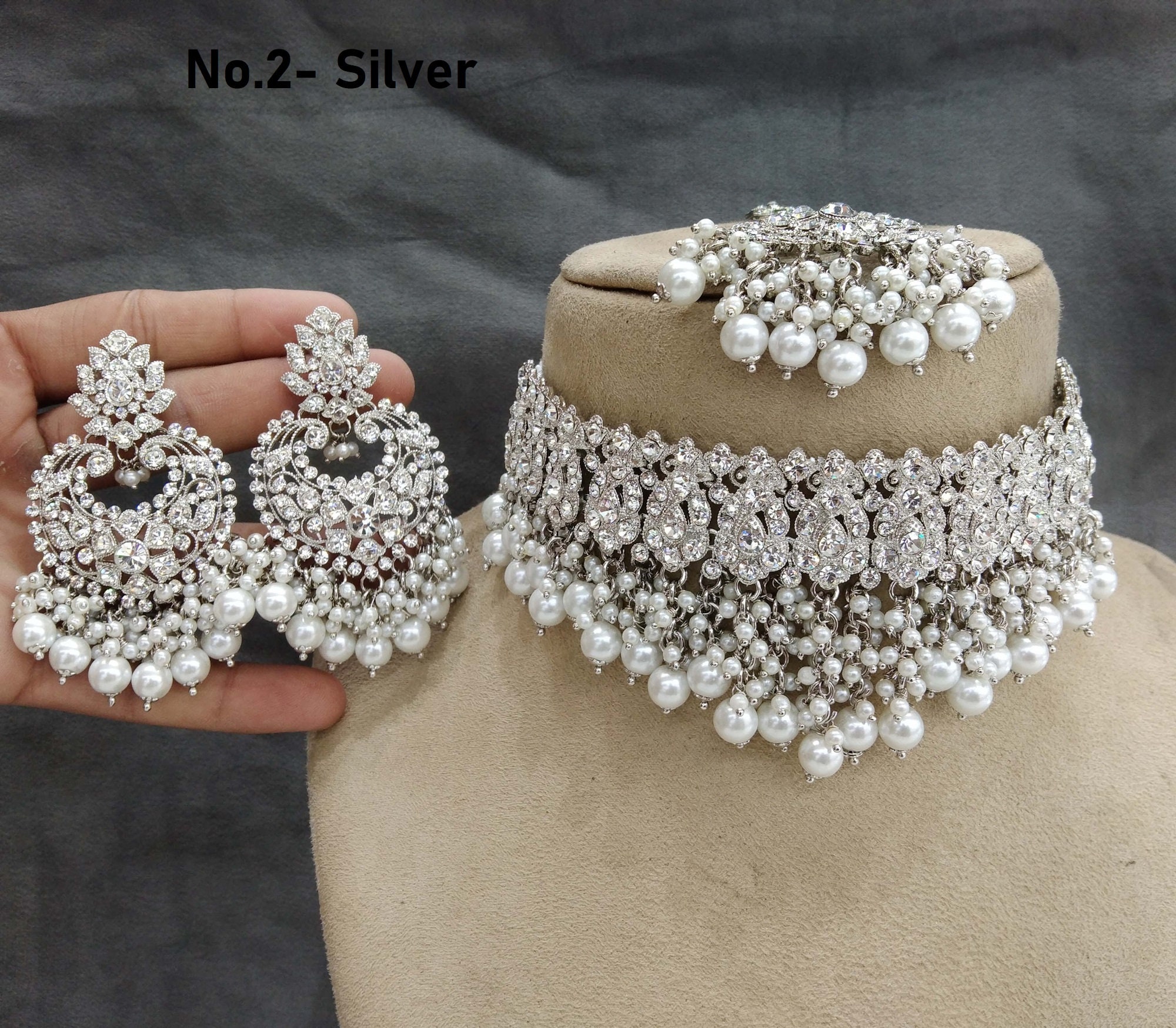Silver, Rose gold Choker Set/ silver choker Jewellery set /Indian bridal choker necklace set/Bridesmaid Jewellry/gift for her siki sejal set