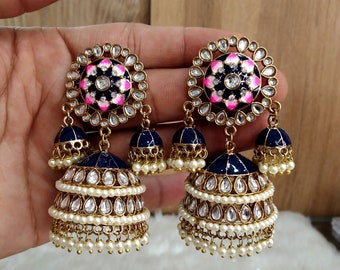 Brincos Jhumka indianos, joias de casamento em ouro, conjuntos Ava em azul e pêssego