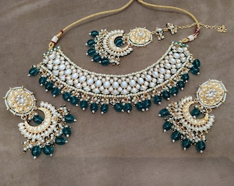 Gold Plated Kundan Bridal Jewelry Set, Indian Necklace Earrings Tikka carl set