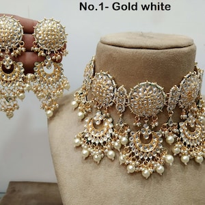 Indian Jewelry/ Gold Bridal Kundan necklace Set , Gold white , Mehndi Indian Eric Bridal Jewellery  kundan Necklace set