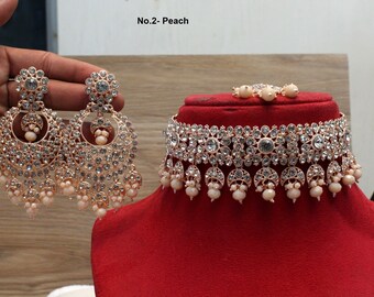 Ensemble De Bijoux Ethnique Indien Bollywood - Ras Du Cou Long Et Boucles D'oreilles Tikka - Plaqué Or Sur Cuivre