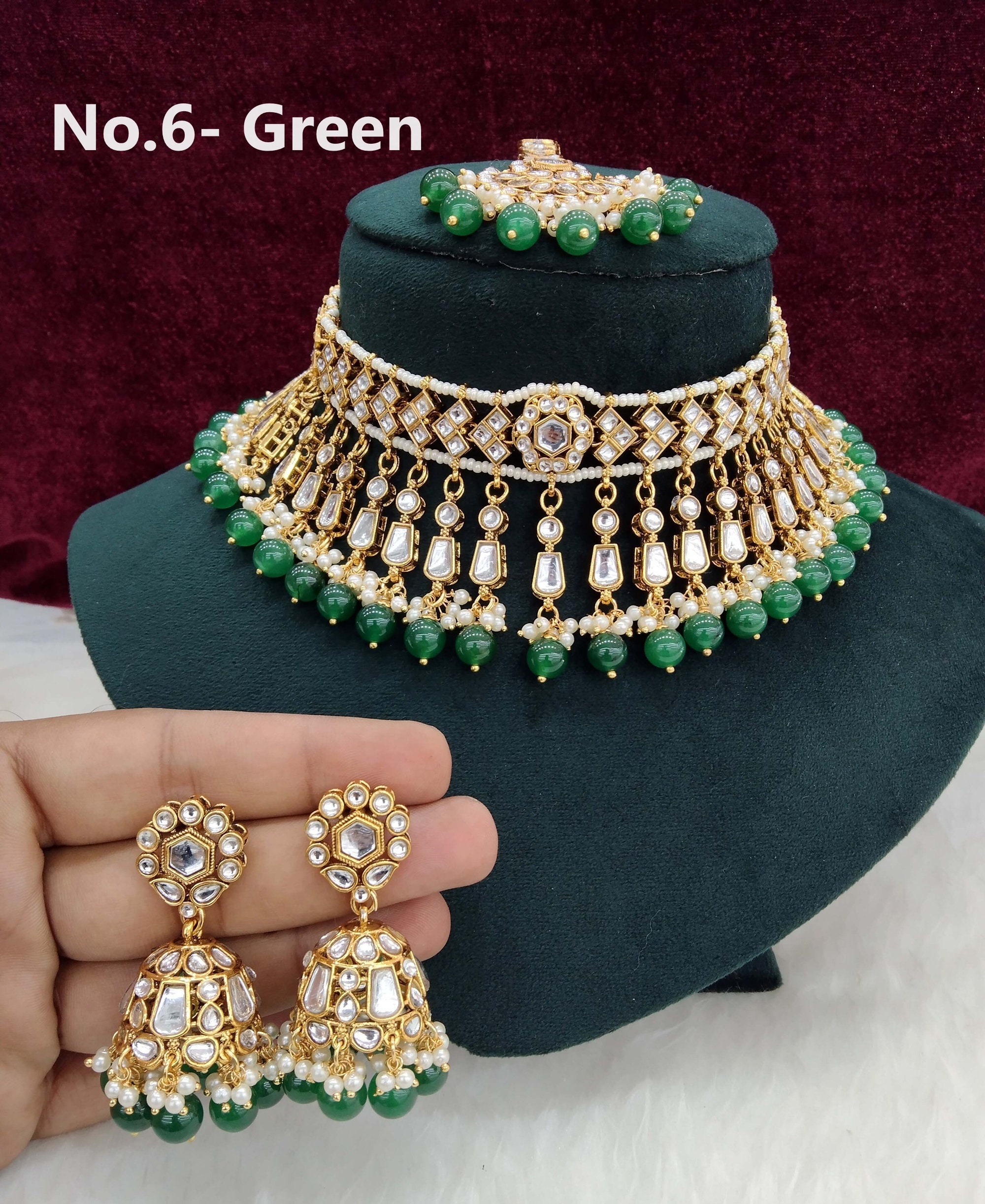 Kundan Choker Set Necklace Set gold Green Grey Pink Mint Pink