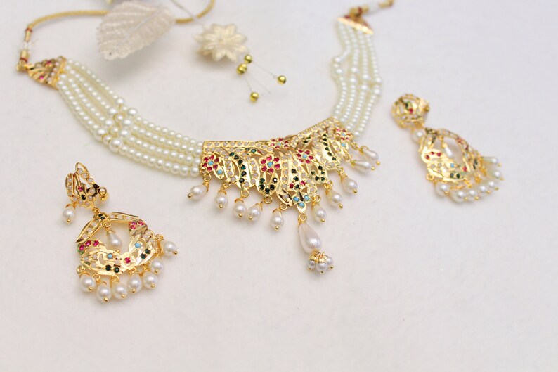 Jadau Pearl Choker Gold White,Navrattan Necklace SetIndian Pipal Patti Necklace Set Punjabi Indian JewelleryMuslim Necklace Set