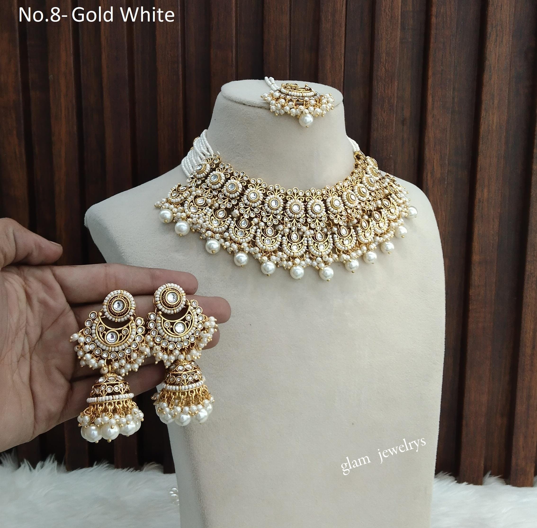 Crystal Stone Bollywood Necklace Set: Indian Jewelry With Tikka