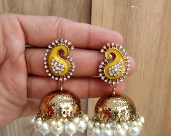 Brincos Jhumka com acabamento dourado, joias de noiva indianas, 2,6" Drop ap Jhumki