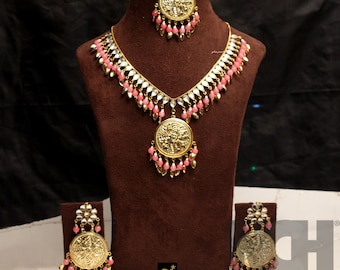Jadau Navrattan Necklace Set, Punjabi Pipal Patti, Bollywood Indian Bridal Jewelry