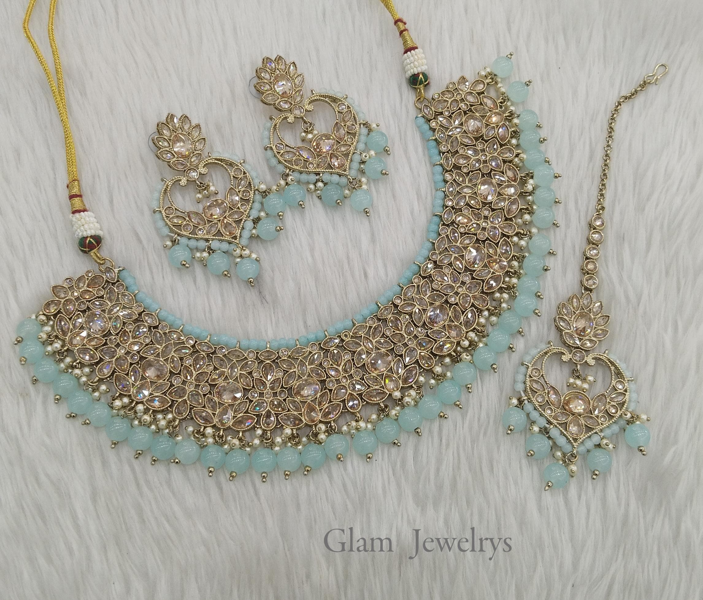Dark Gold Indian Necklace Set, Crystal & Pearl Tikka Earrings
