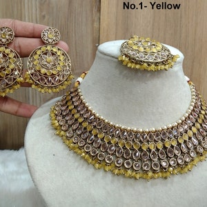 Indian Jewelry Gold Bollywood Necklace Set/ Dark gold yellow Jewelry/Wedding Crystal Semi Bridal Ethnic Set/Indian Necklace Set
