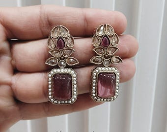 Gold Kundan Chandbali Earrings, Indian Bollywood Jewelry Set