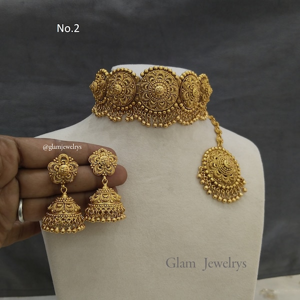 Indian Gold Jewelry Jewellery choker set/Gold  finish Choker Set Bollywood Style Gold Finish South Indian bridal selvi Jewelry