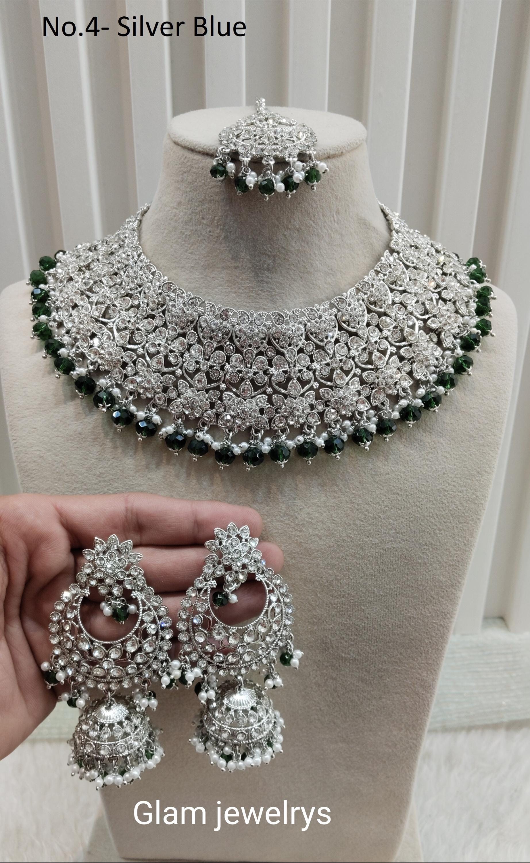 Indian Bridal Jewelry Set, Silver Necklace Earrings Tikka Set