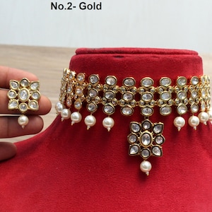 kundan Choker Set Earrings Set/Gold plated white, maroon, blue  choker set Indian Jewelry Set/Indian bridal kundan Jewellery