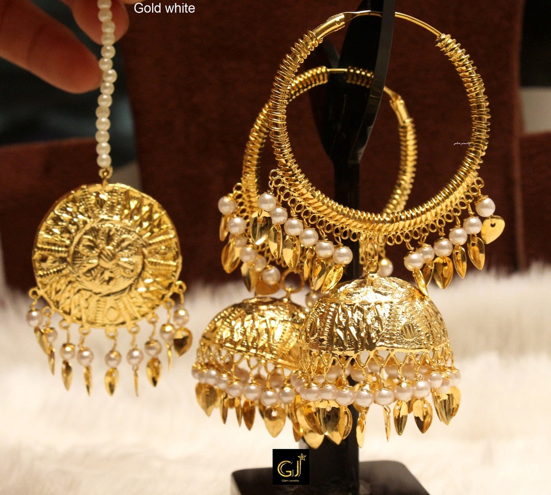 Handmade Wedding Earring / Jhumka Earrings /golden Jhumka /long Earrings/  Pearl Earrings /punjabi Jewelery /nikah/ Sangeet/ Haldi/ Mehndi / - Etsy