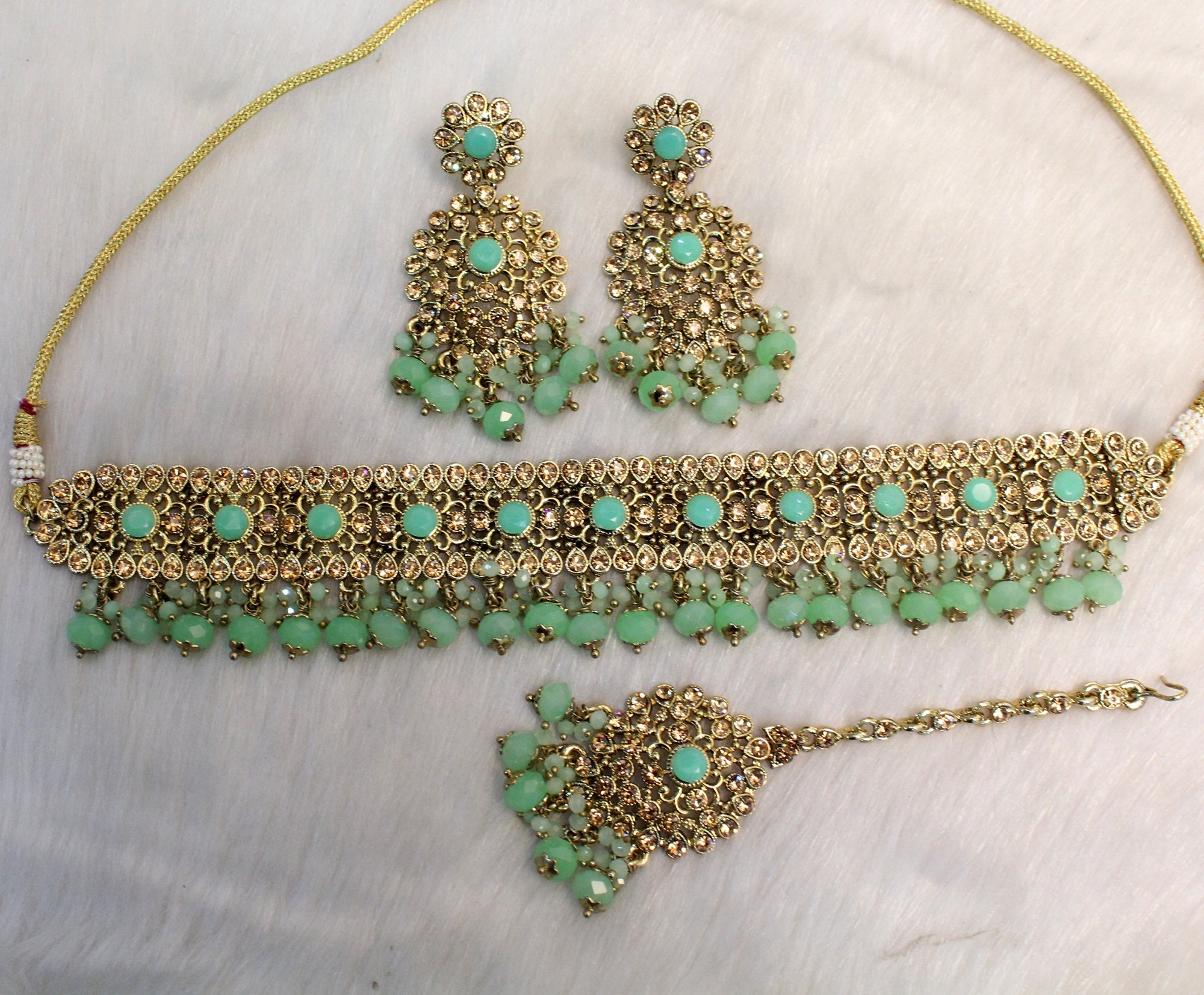 Choker Set gold Necklace Set/ Bollywood Jewellery/pastel green Etsy