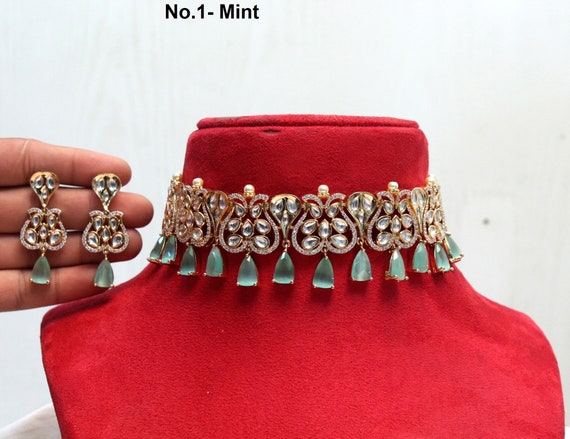 Kundan Choker Set Necklace Earrings Set gold Mint Choker Set
