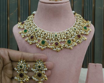 Kundan Bridal Necklace Set, Gold Plated Indian Jewelry, Pastel Green Noun Awari Set