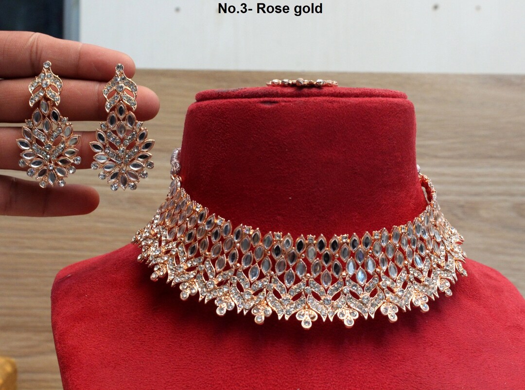 Choker Set /rose Gold Mirror Choker Necklace Set/ Bollywood Etsy
