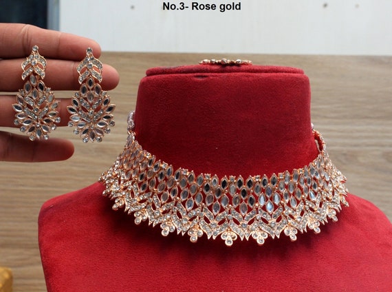 Choker Set Rose Gold Necklace Set/ Bollywood Jewellery/indian Choker  Necklace Set/rose Gold Bridesmaid Jewellry/women Necklace Mony Set 