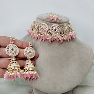Indian Jewelry Jewellery , Kundan choker Set Indian pink, gajjri, maroon, yellow Wedding Bridal choker, bridesmaids babli set,Punjabi set