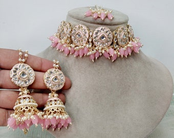 Kundan Choker Set, Indian Bridal Jewelry, Pink Pearl Necklace babli set