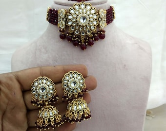 Set di collana girocollo Kundan, gioielli da sposa indiani, set in marrone e oro