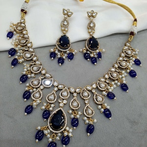 Moissanite kundan necklace choker  Set Earrings Set/Gold necklace Indian Jewelry Set/Indian bridal next to real shweta set