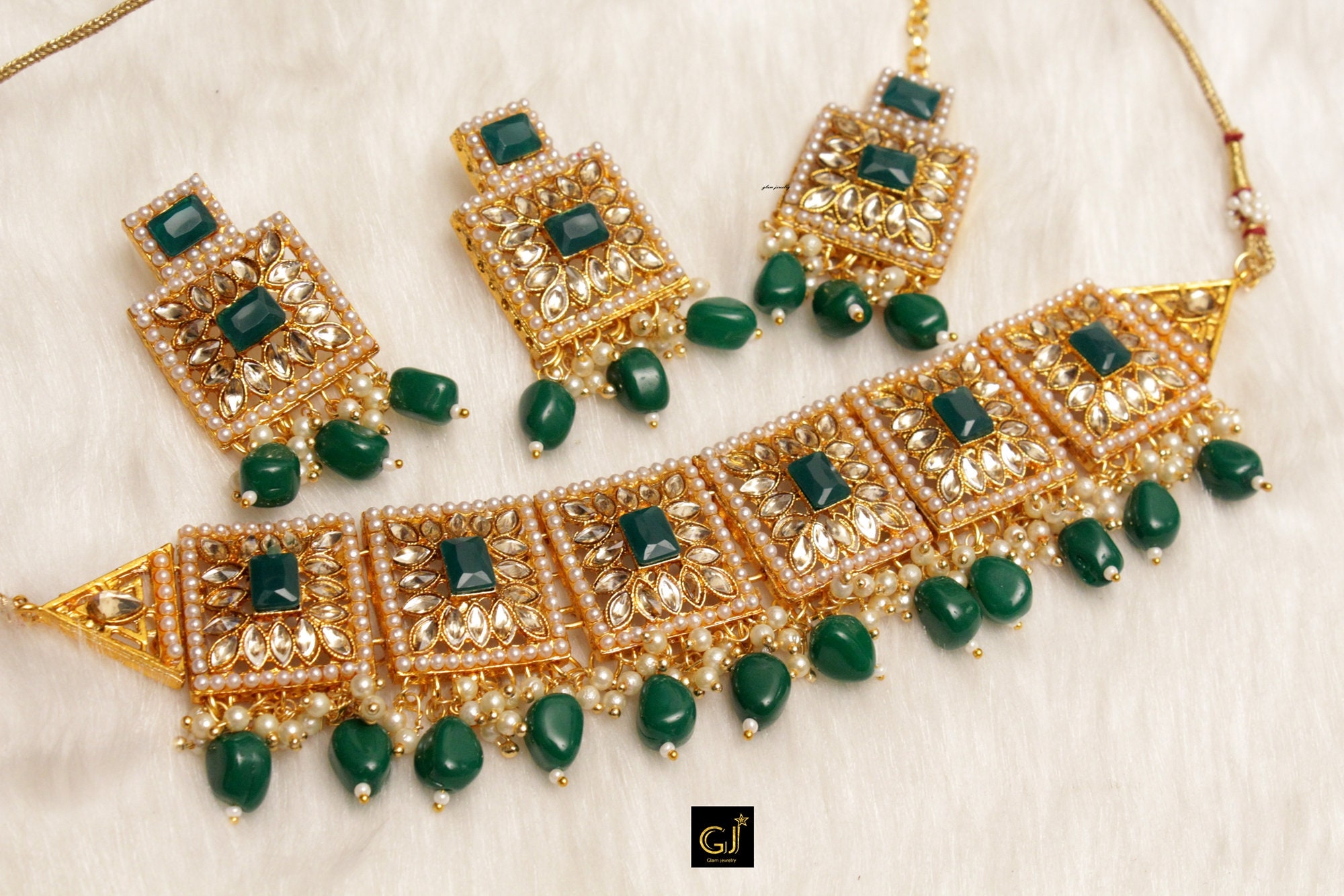 Kundan Choker Necklace Set gold green ruby Green ruby pastel Green