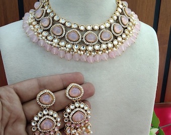 Gold Kundan Bridal Jewelry Set, Mint Green Necklace Earrings Ekadath set