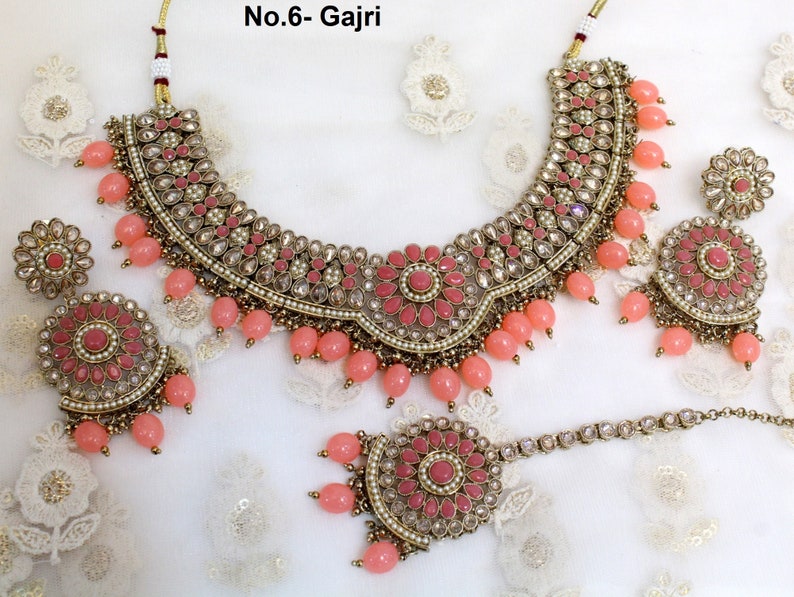 Indian Jewelry Jewellery/Antique gold peach. multicolor, pink necklace Set/Bollywood Gold Indian Jewelry Jewellery cello Set No.6- Gajri