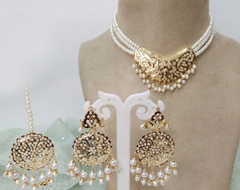 Jadau vergulde parel choker ketting set - Indiase sieraden