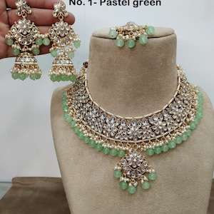 Indian Jewelry/ Gold Plated Semi Bridal Kundan Necklace Set Indian White, Pastel Green, Seagreen Pink Carnage Wedding  Jewellery