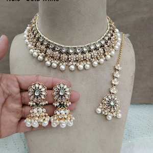 Indian Jewelry/ Gold Semi Bridal Kundan choker necklace Set Indian rama green, gold white, peach, pastel green, seagreen, hichi  Jewellery