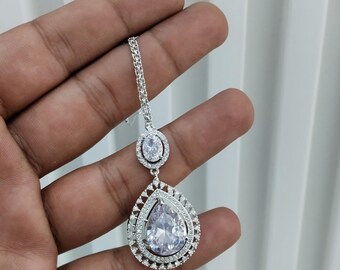 CZ Stone Tikka, Indian Headpiece Jewelry, Silver/Rose Gold