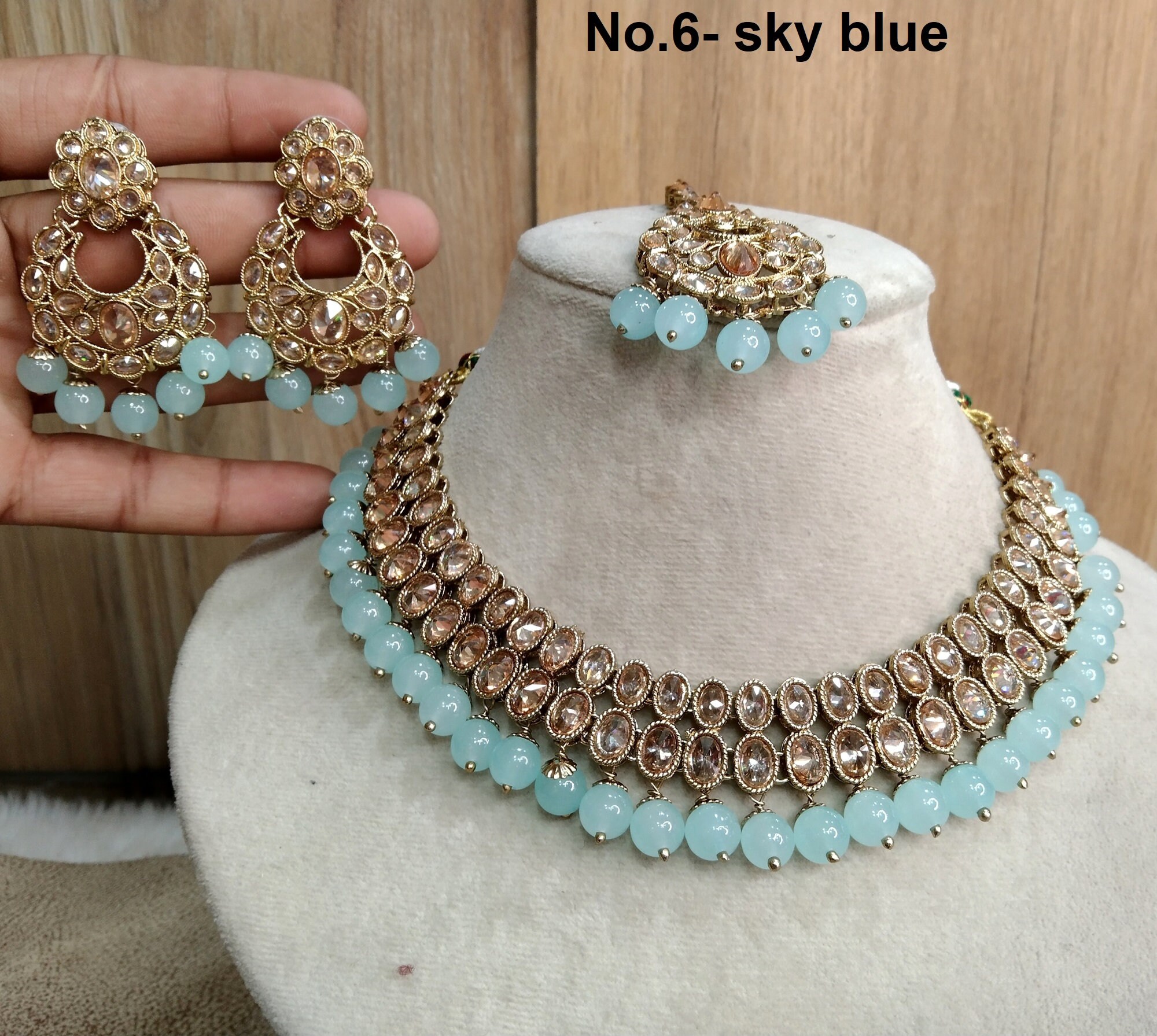 Sky blue colour necklace best sale set