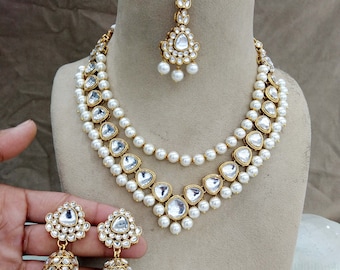 Set di collane Kundan, gioielli da sposa indiani, oro e bianco, set regolabile in miele