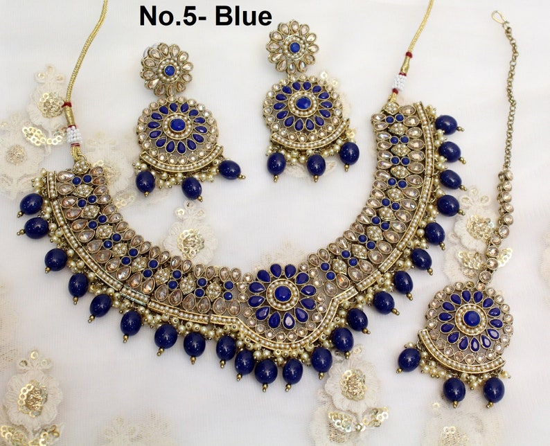 Indian Jewelry Jewellery/Antique gold peach. multicolor, pink necklace Set/Bollywood Gold Indian Jewelry Jewellery cello Set No.5- Blue