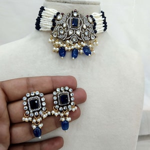 Moissanite kundan Choker Set Earrings Set/Gold choker set Indian Jewelry Necklace Set/Indian bridal jassi Choker Set