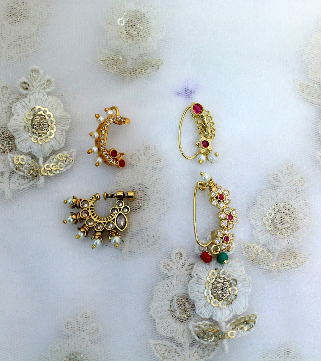 Indian Jewelry Nose Pin Clip on Clasp Wedding Nathini/non Pierced Gold Clip on Marathi Nose Pin