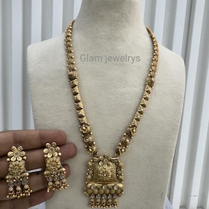 Indian Polki Long Rani haar Necklace set Jewelry Jewellery /Bollywood Style Gold Finish South Indian wedding bridal Jewelry/gift for her