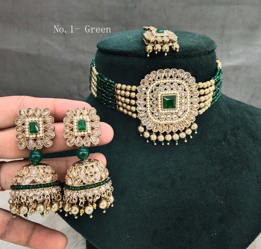 Jwellmart Indian Bridal Choker Necklace Set - CZ Stone Kundan Jewelry With Earrings & Maang Tikka, Green - View #13
