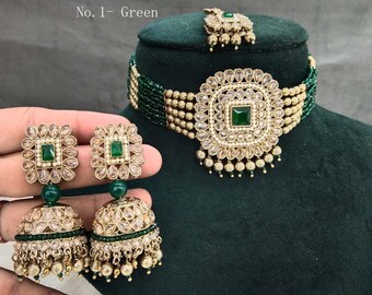 Green Crystal Choker Set: Antique Gold Indian Wedding Jewelry Chini set