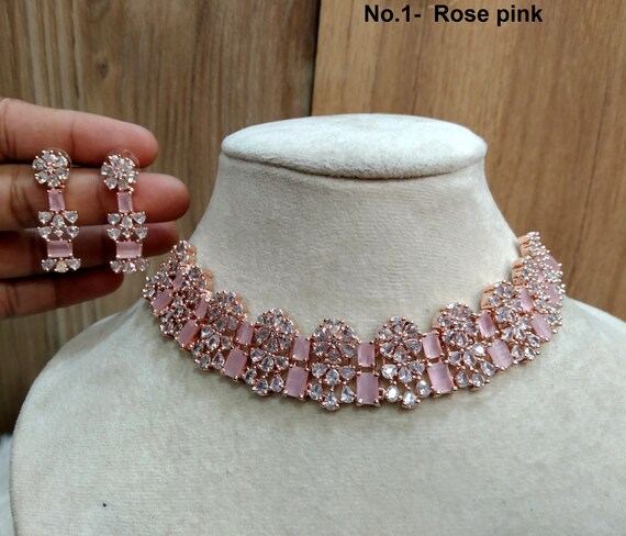 Cubic Zirconia Diamond Necklace Earrings Set Rose Gold -  Norway